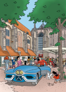Max Miller met Buick conceptcar bij de Lebuinuskerk in Deventer