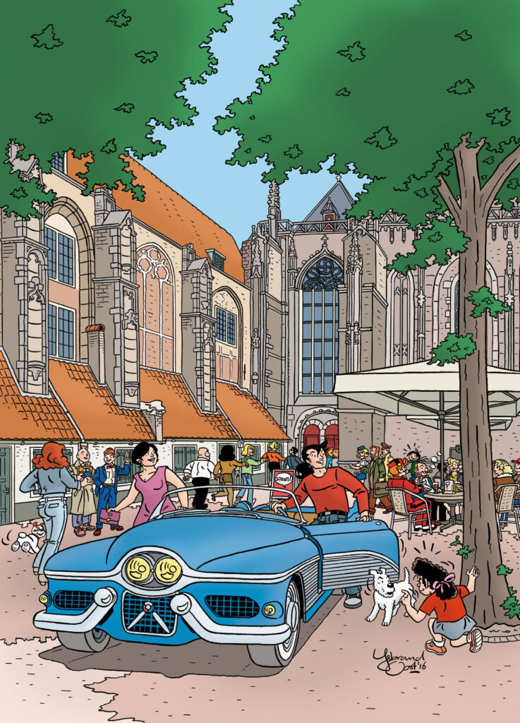 Max Miller met Buick conceptcar bij de Lebuinuskerk in Deventer