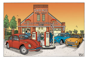 Max Miller bij Garage met Volkswagen Kever, Citroën 2CV en Trabant