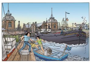 Max Miller op bootje bij Lemstersluis, met binnenvaartschip Gecor