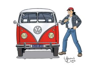 Max Miller met Volkswagen T1 Samba uit 1965