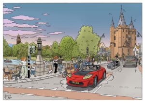Max Miller in Tesla Roadster voor Sassenpoort Zwolle
